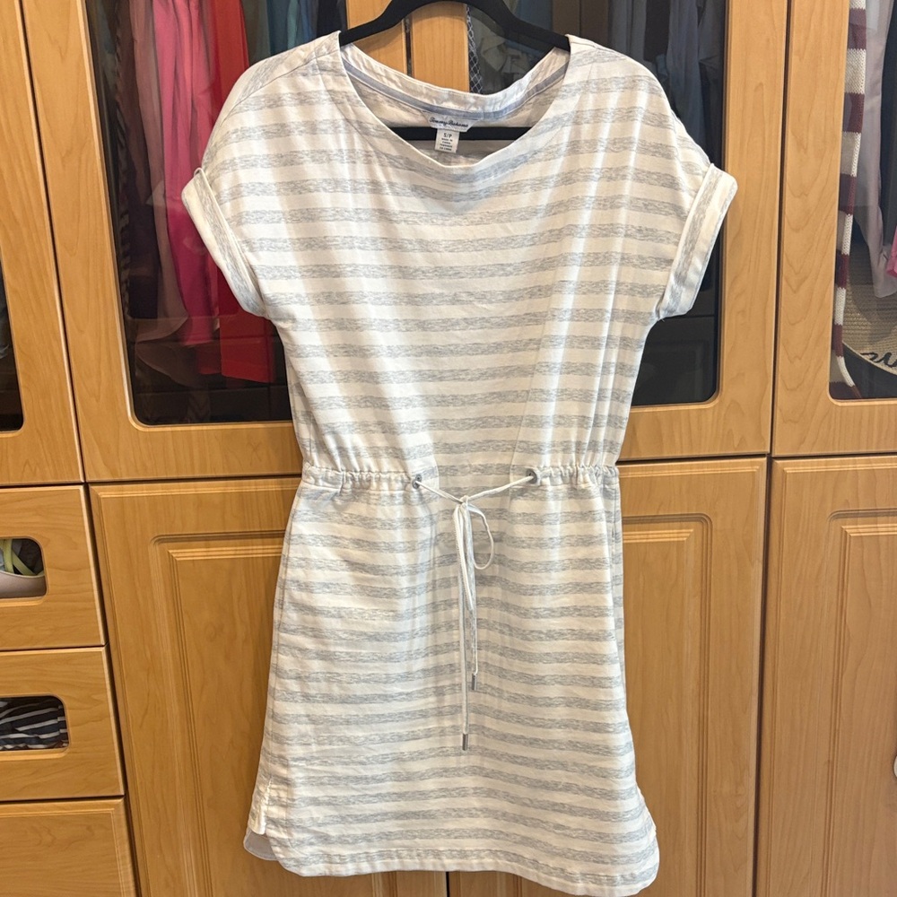Tommy Bahama Striped Dress, cuffed sleeve, tshirt dress drawstring size S